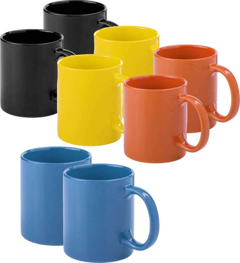 Bellatio Design Koffie mokken drinkbekers Auxerre 8x keramiek geel oranje blauw zwart 370 ml Bekers