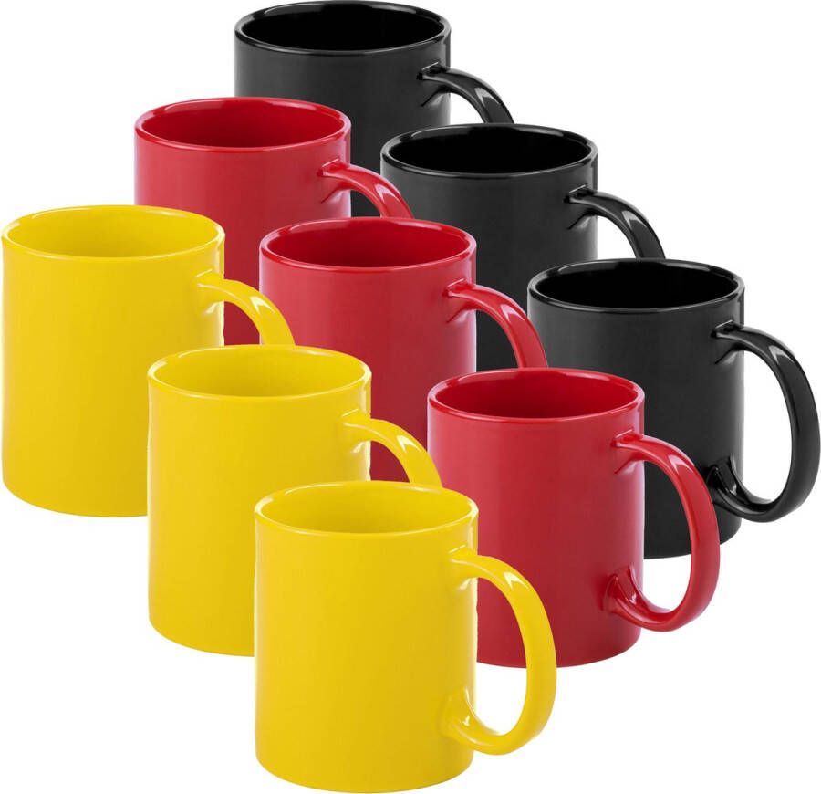 Bellatio Design Koffie mokken drinkbekers Auxerre 9x keramiek geel rood zwart 370 ml Bekers