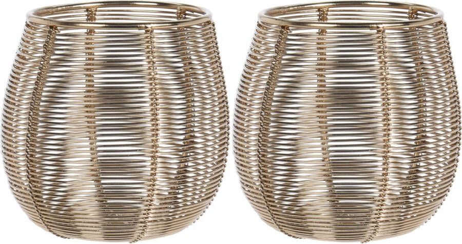 Bellatio Design Set van 2x stuks metalen design windlicht kaarsenhouder goud 9.5 cm Theelichtjes waxinelichtjes kaarsen houder