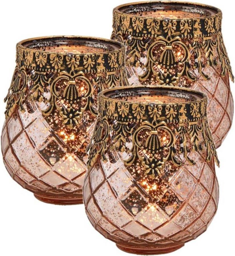 Set van 3x stuks glazen design windlicht kaarsenhouder in de kleur rose goud met formaat 9 x 10 x 9 cm. Voor waxinelichtjes