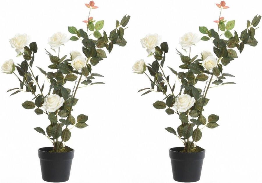 Bellatio Flowers & Plants 2x Groene witte Rosa rozenstruik kunstplanten 80 cm in zwarte plastic pot Kunstplanten nepplanten