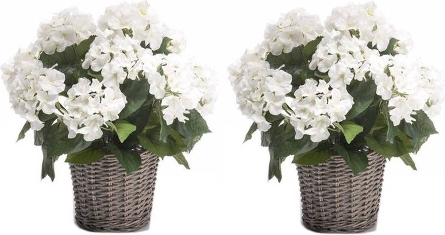 Bellatio Flowers & Plants 2x Kunstplant witte Hortensia in mand 45 cm Kunstplanten nepplanten