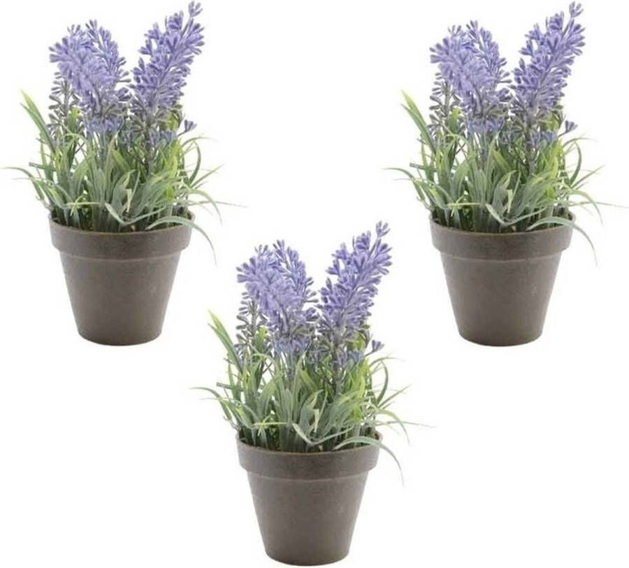 Bellatio Flowers & Plants 3x Groene paarse Lavandula lavendel kunstplanten 17 cm in zwarte plastic pot Kunstplanten nepplanten