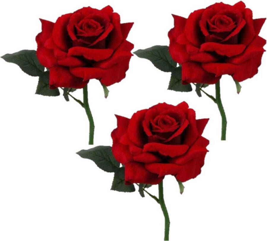 Bellatio Flowers & Plants 3x stuks Valentijn thema feestartikelen kunstbloem Rode roos rozen deluxe 31 cm