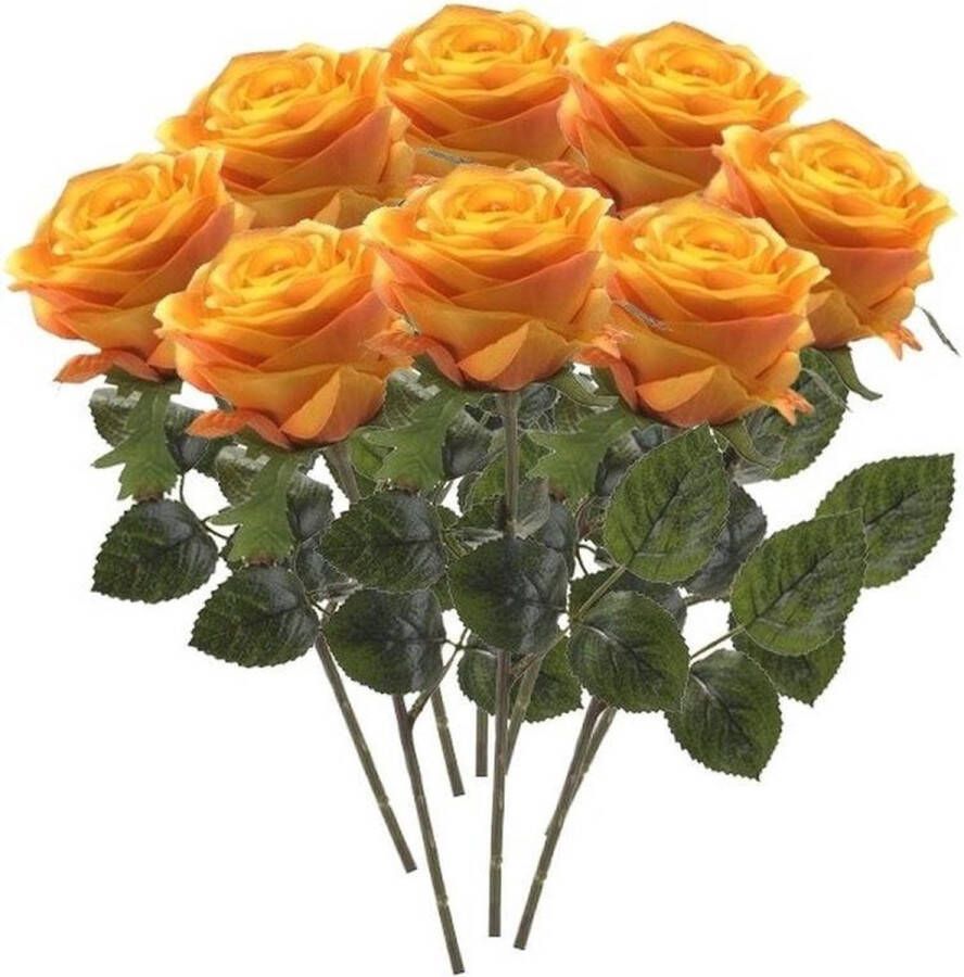 Bellatio Flowers & Plants 8 x Geel oranje roos Simone steelbloem 45 cm Kunstbloemen