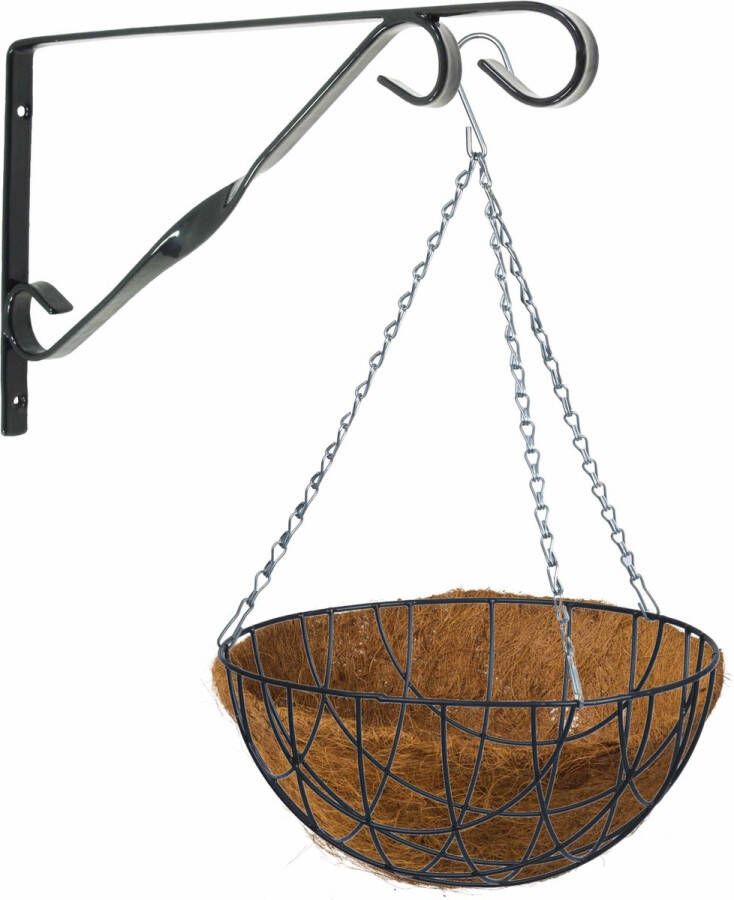 Bellatio Flowers & Plants Hanging basket 35 cm met klassieke muurhaak grijs en kokos inlegvel metaal complete hangmand set