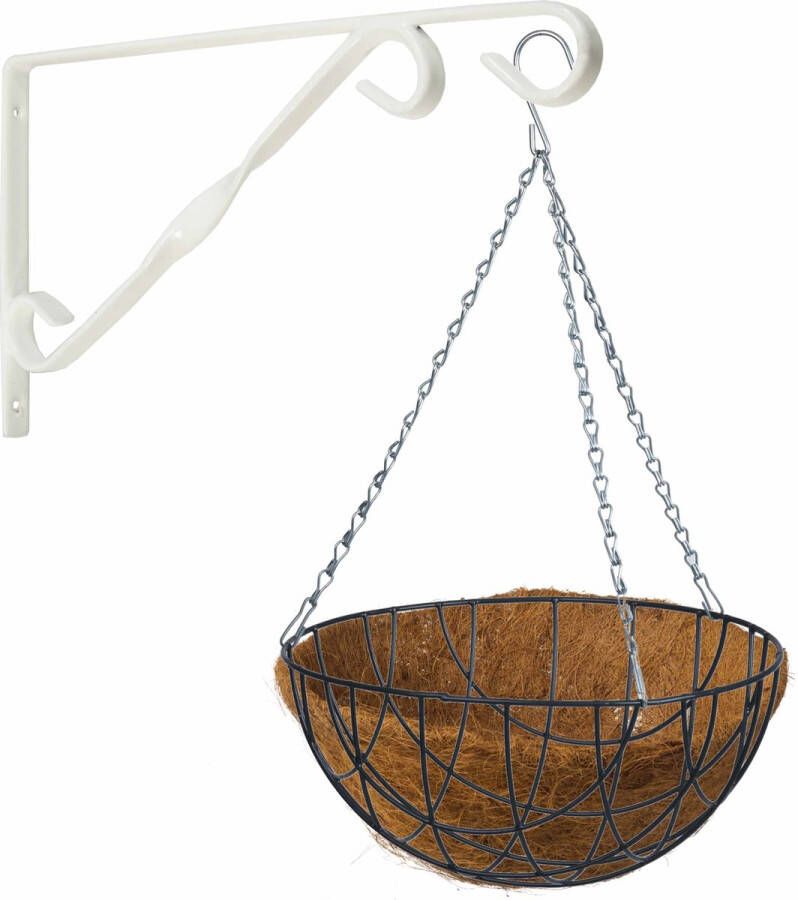 Bellatio Flowers & Plants Hanging basket 35 cm met klassieke muurhaak wit en kokos inlegvel metaal complete hangmand set