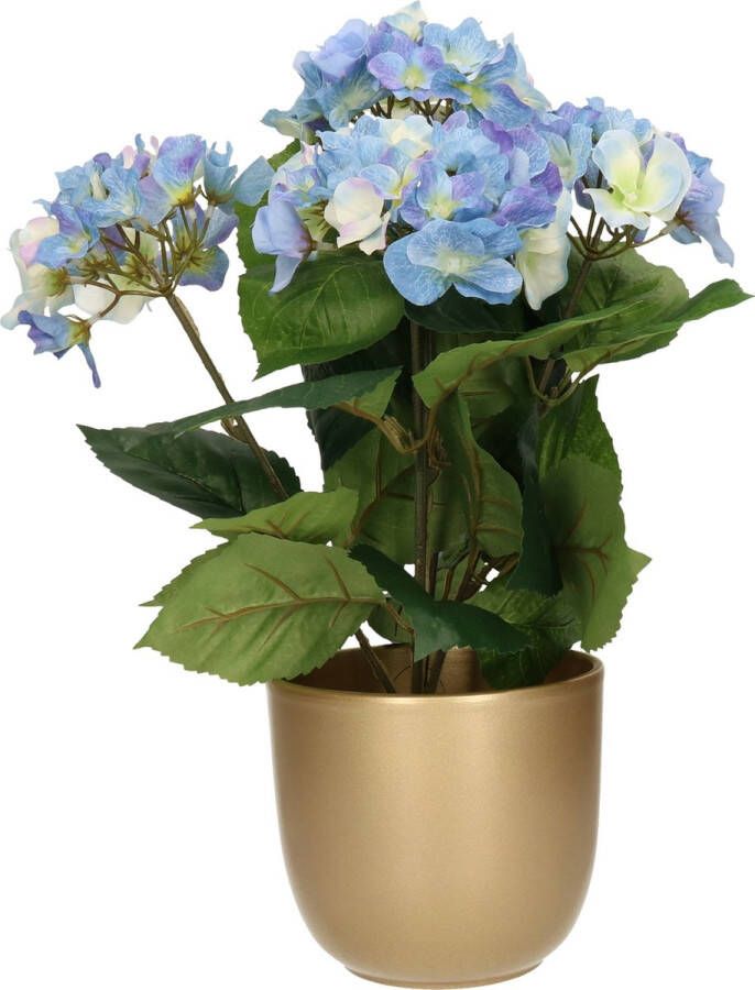 Bellatio Flowers & Plants Hortensia kunstplant met bloemen blauw in pot goud 40 cm hoog
