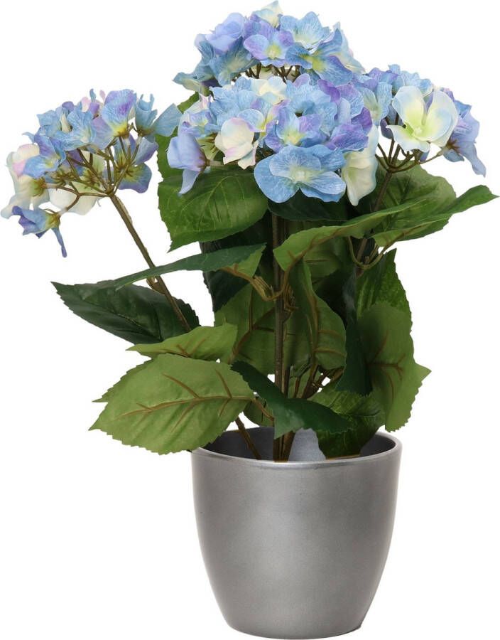 Bellatio Flowers & Plants Hortensia kunstplant met bloemen blauw in pot metallic zilver 40 cm hoog