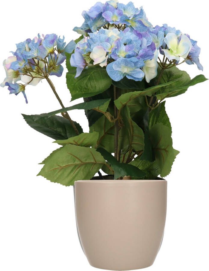 Bellatio Flowers & Plants Hortensia kunstplant met bloemen blauw in pot taupe 40 cm hoog