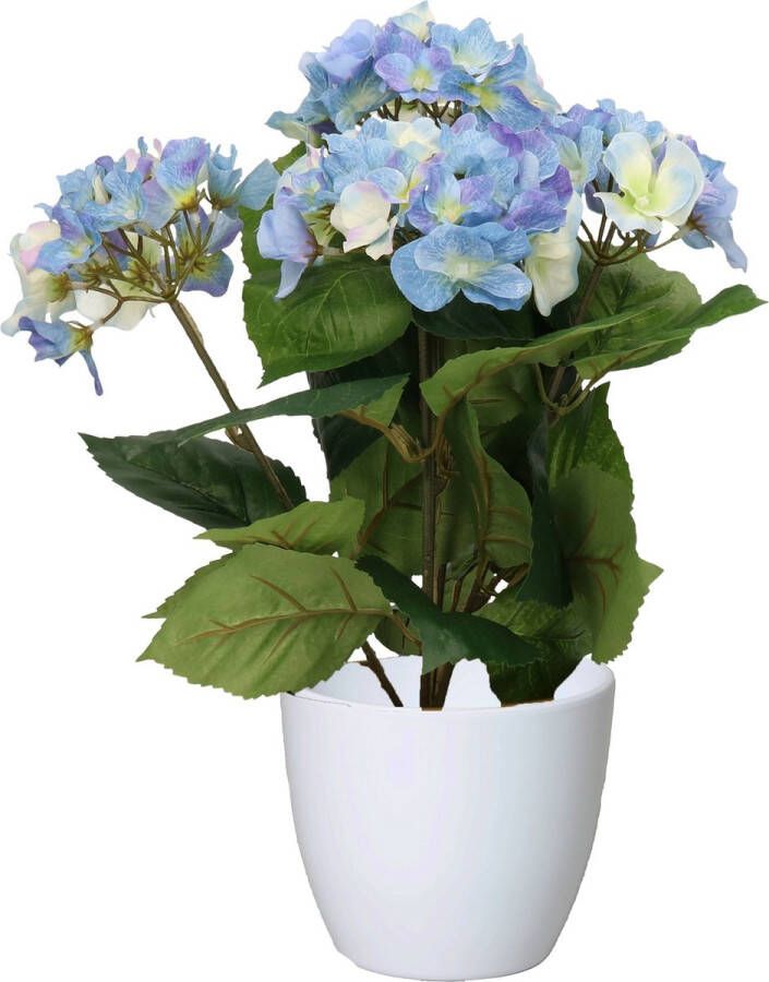 Bellatio Flowers & Plants Hortensia kunstplant met bloemen blauw in pot wit 40 cm hoog