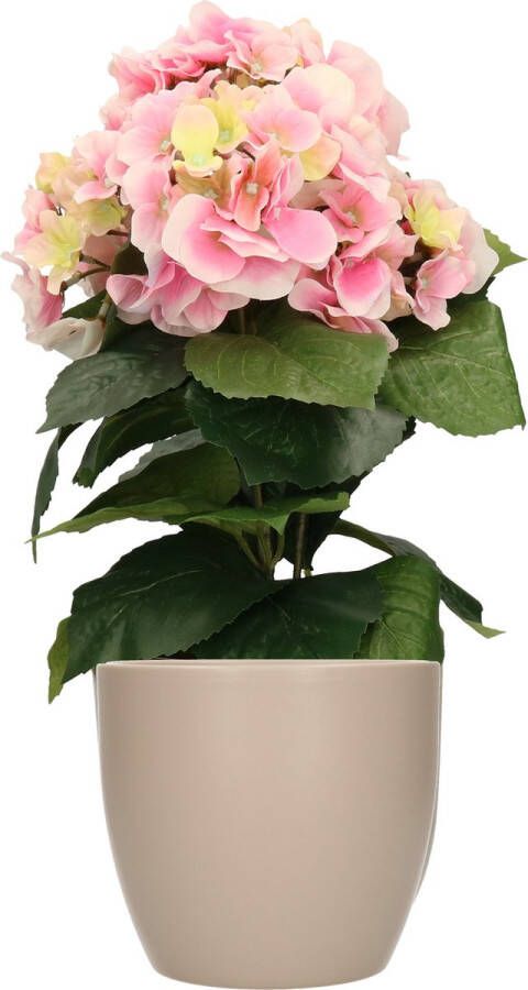 Bellatio Flowers & Plants Hortensia kunstplant met bloemen lichtroze in pot taupe 40 cm hoog
