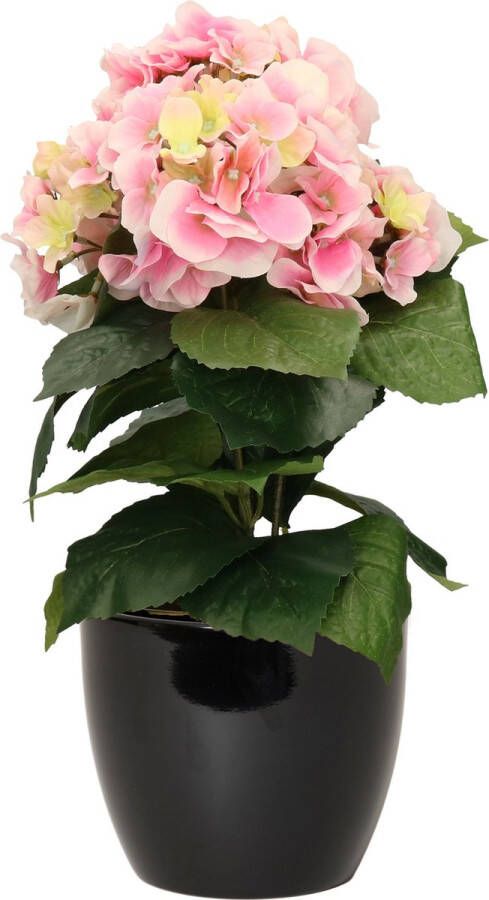 Bellatio Flowers & Plants Hortensia kunstplant met bloemen lichtroze in pot zwart 40 cm hoog