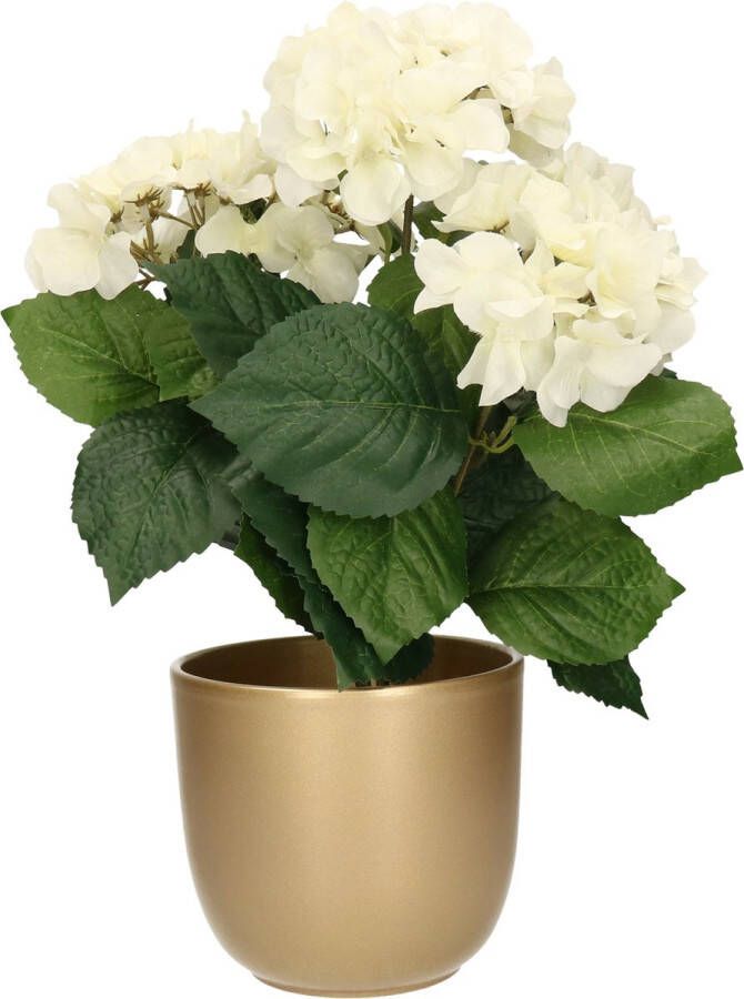 Bellatio Flowers & Plants Hortensia kunstplant met bloemen wit in pot goud 40 cm hoog