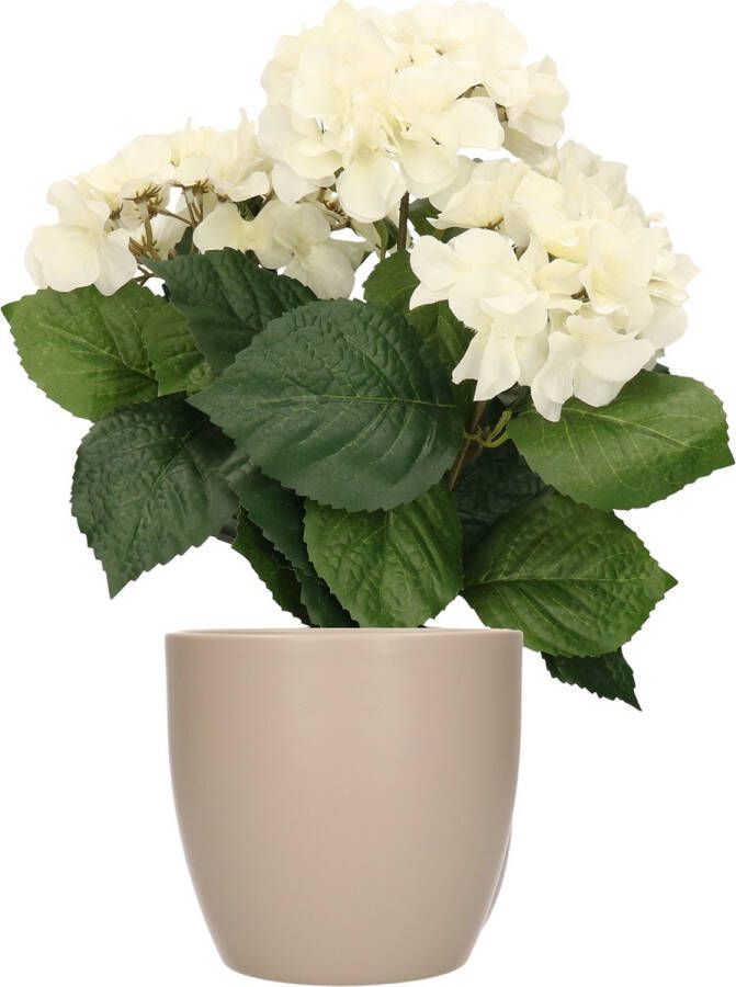 Bellatio Flowers & Plants Hortensia kunstplant met bloemen wit in pot taupe 40 cm hoog