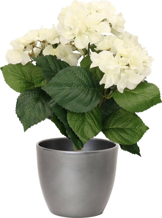 Bellatio Flowers & Plants Hortensia kunstplant met bloemen wit in pot zilver metallic 40 cm hoog