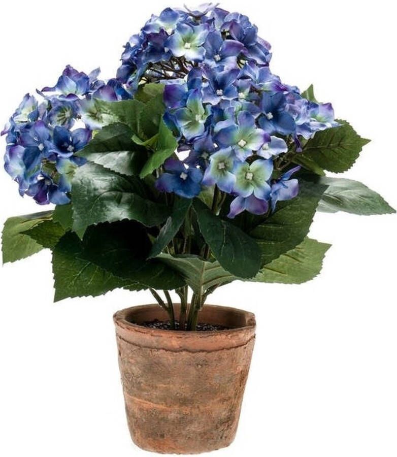 Bellatio Flowers & Plants Kunstplant Hortensia blauw in terracotta pot 37 cm Kamerplant blauwe Hortensia