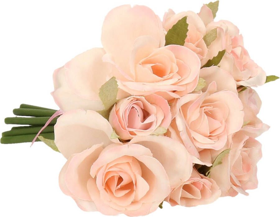 Bellatio Flowers & Plants Boeketje kunstbloemen rozen roze 20 cm 9x stuks Bruidsboeketten