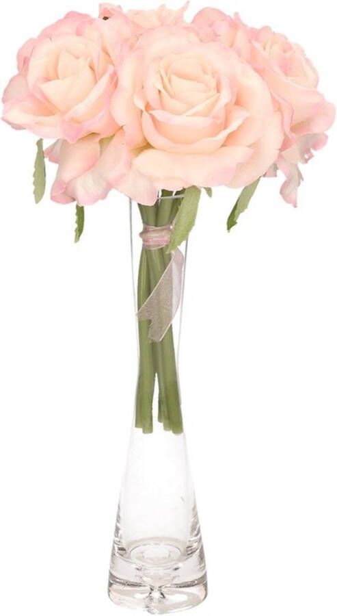 Shoppartners Luxe boeket roze rozen in smalle vaas 20 cm Kunstbloemen