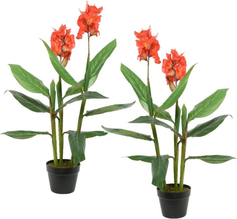 Bellatio Flowers & Plants Set van 2x stuks Canna Bloemriet kunstplanten in pot 89 cm Kunstplanten nepplanten Kantoorplanten woonkamer planten