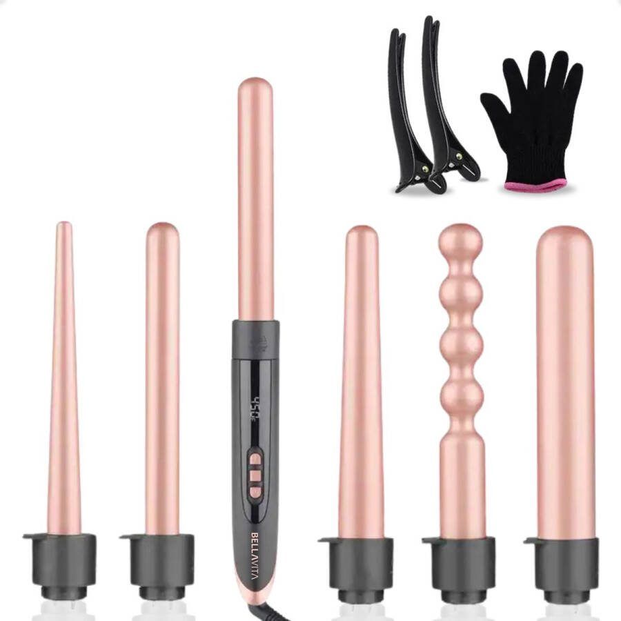 Bellavita 6 in 1 Krultang met opzetstukken Keramisch Haarkruller 13 tot 32mm Rosé goud Handschoenen Haarclips