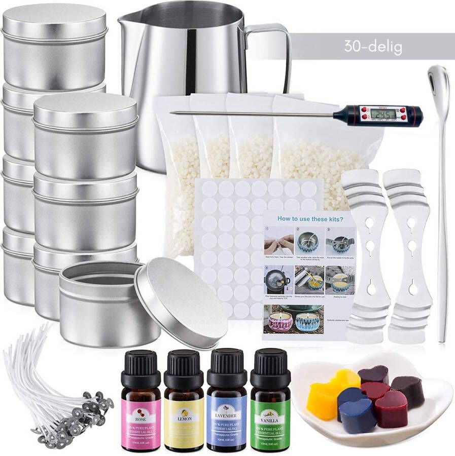 BELLAVITA Kaarsen maken 30-delig Kaarsen maken set met thermometer Kaarsen Soja Was 4 verschillende etherische oliën Zelf kaarsen maken Candle making kit Smeltpan Kaars Black Friday Sinterklaas Kerst