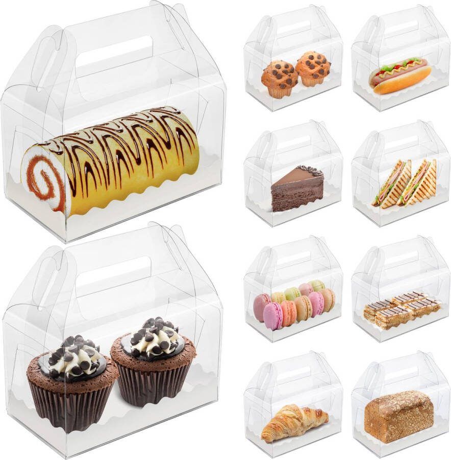 BELLE VOUS 10 doorzichtige taartdozen 16 x 9 x 9 cm Herbruikbare cakebox Met handvatten en taart onderlegger Voor cupcakes en taarten