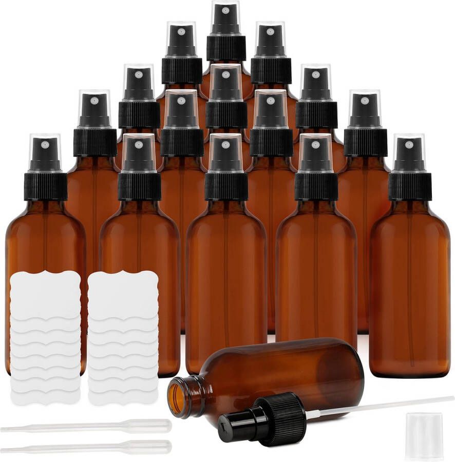 BELLE VOUS 16 Stuks Amber Glas Spray Fles 120 ml Fijne Mist Spray Fles Lege Navulbare Flesjes met Etiketten voor Etherische Oliën Reinigingsen Cosmetica en Aromatherapie