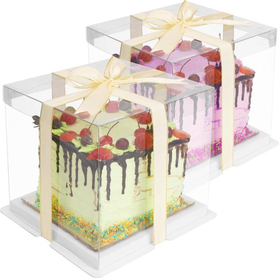 BELLE VOUS 2 doorzichtige taartdozen Met taartonderlegger en lint 21 x 21 x 20 cm Cake bewaardoos Voor feesten en partijen Gouden lint