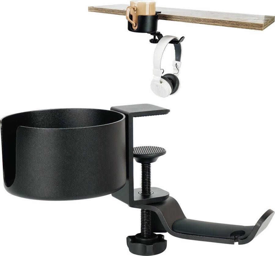 BELLE VOUS 2-in-1 Bureau Bekerhouder en Hoofdtelefoon Standaard Multifunctionele Onder de Tafel Headset Hanger met 360° Roterende Bracket Anti-knoei Cup Houder voor Computer of Gaming PC