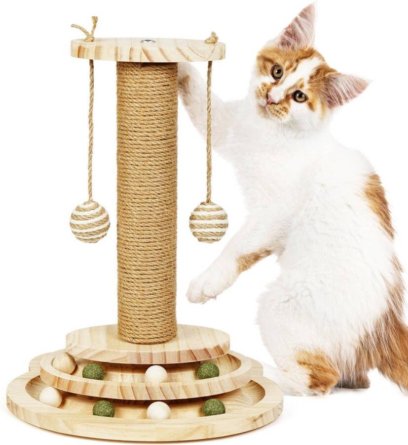 BELLE VOUS 2 in 1 Interactieve Draaitafel Katten Speelgoed 2 Laags Binnen Buiten Trainer Kat Krabpaal met Hangende Speelballen Veer en Ballenbaan Houten Interactief Speelgoed voor Kitten