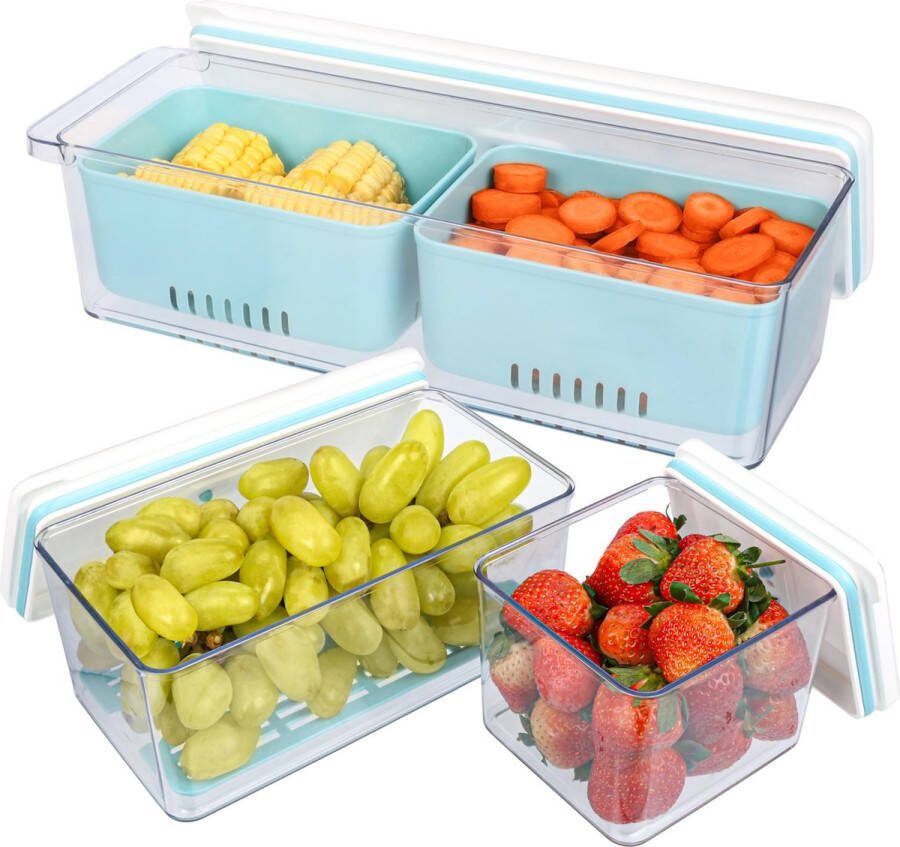 BELLE VOUS 3 Pack of Stackable Produce Saver Storage Containers with Drain Baskets Reusable Fridge Freezer Plastic Food Organisers with Lids for Fresh Vegetables Fruit Dishwasher Microwave Safe