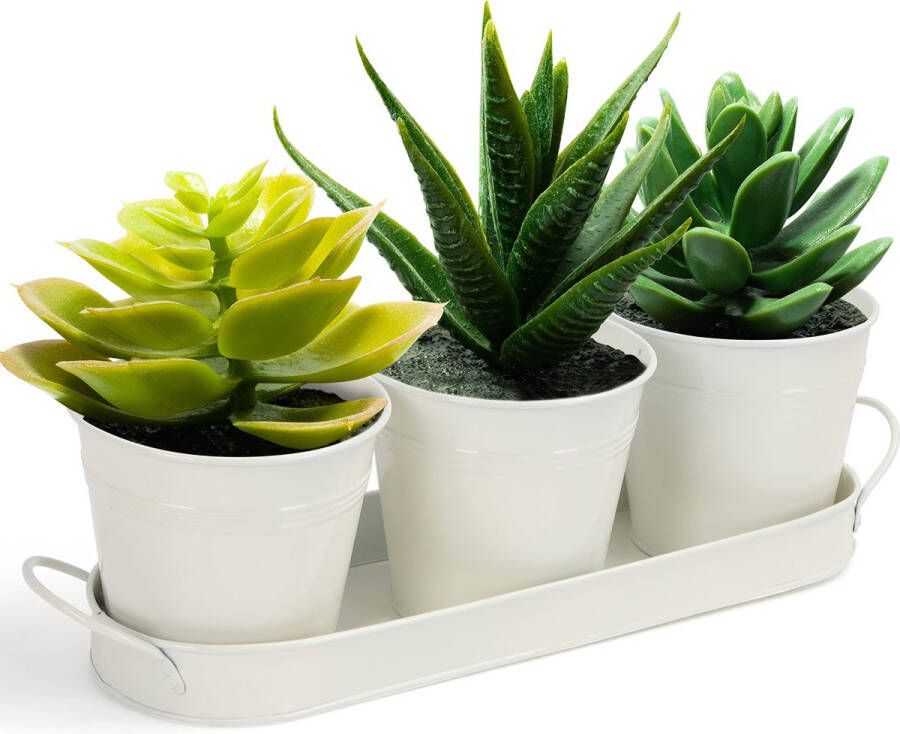 BELLE VOUS 3-pak Kruiden Pot Planter Set met Tray 10 cm Wit Metalen Bloempotten Vetplanten Cactus Potten voor Binnentuin of Buitengebruik Boeren Potten voor Keuken Vensterbank