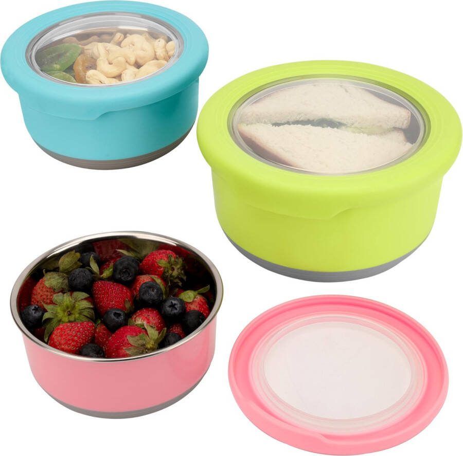 BELLE VOUS 3 Pak Roestvrij Stalen en Siliconen Voedsel Opslag Containers 420-1200 ml Draagbare BPA-vrije Snack Potten met Lekvrije Deksels Vaatwasser & Diepvries Veilige Lunchboxen