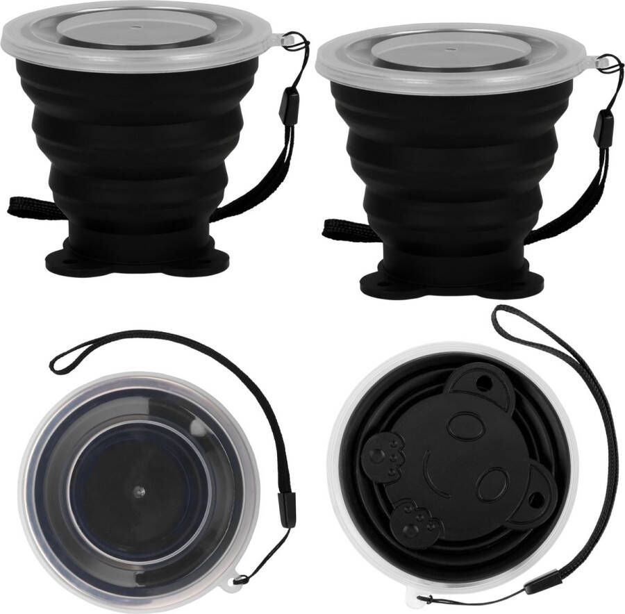 BELLE VOUS 4 Pak Zwart Inklapbare Siliconen Reisbekers met Koord 180 ml Herbruikbare Vouwmokken met Plastic Verzegel Deksels Draagbare Drinkbeker Set voor Camping Wandelen & Buiten Picknicks