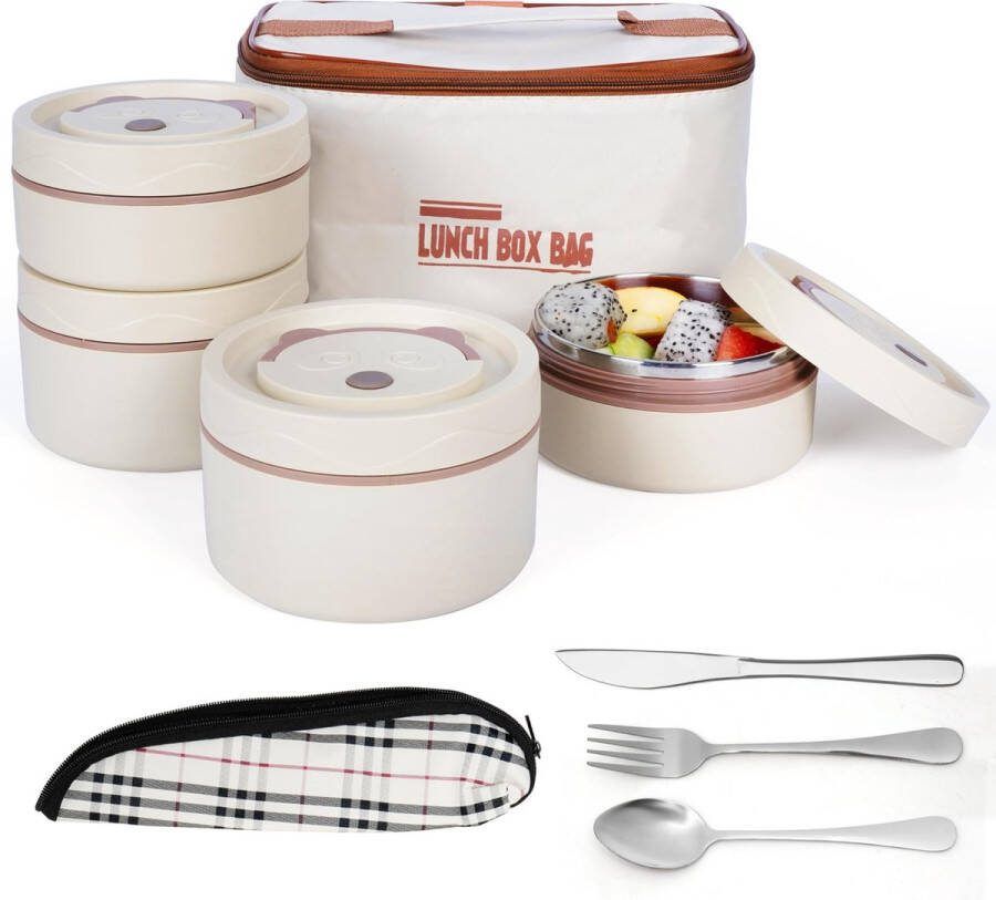 BELLE VOUS 5-Piece Portable Insulated Lunch Container Set with Cutlery 4 Stainless Steel Leakproof Stackable Food Bento Boxes with Thermal Bag Lunch Box Set for Adults Students Biege