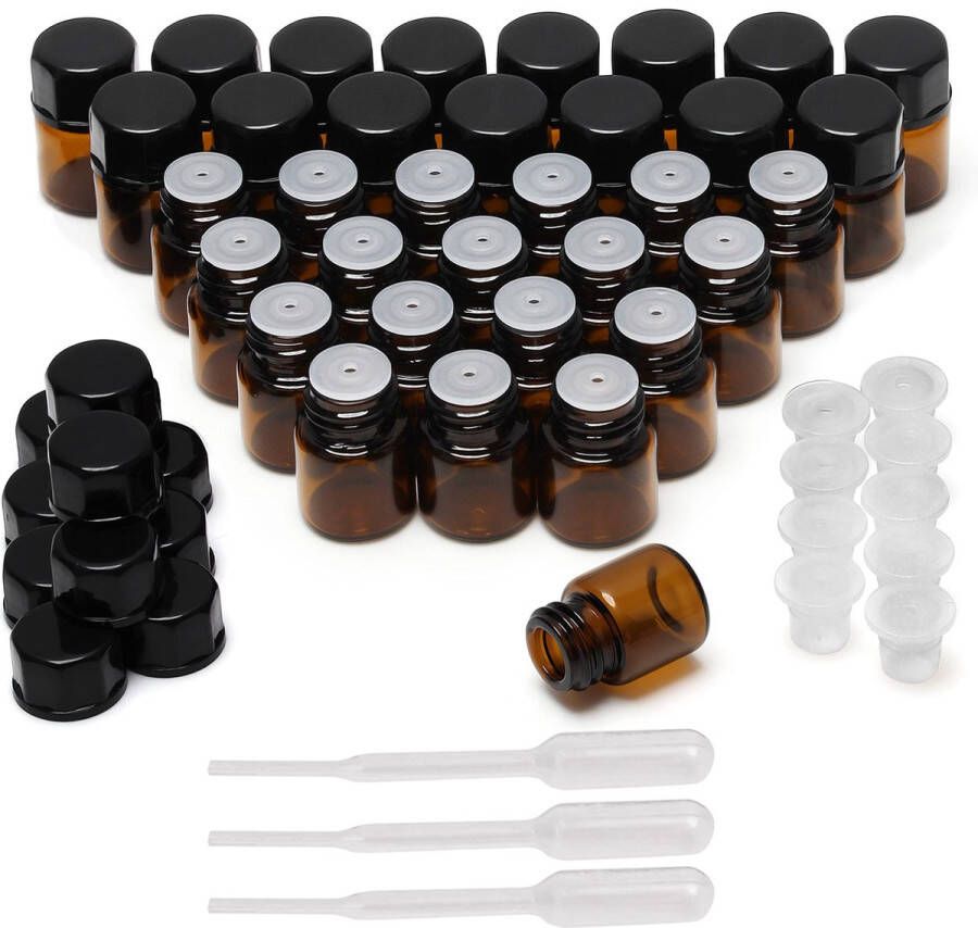 BELLE VOUS 50 Pak Essentiele Olie Proef Flesjes 1 ml Amber Glazen Flessen met Inzetstuk Navulbare Potjes met Zwarte Doppen & Droppers voor Olies Geuren Parfums Chemicaliën en Aromatherapie