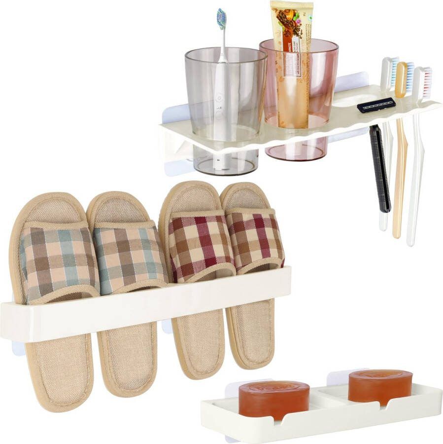 BELLE VOUS Badkamer Organizer Caddy & Slipper Rek Zelfklevende Muur Gemonteerde Houder Set Opslag voor Tandenborstel Tandpasta Zeep Schoenen en Handdoeken