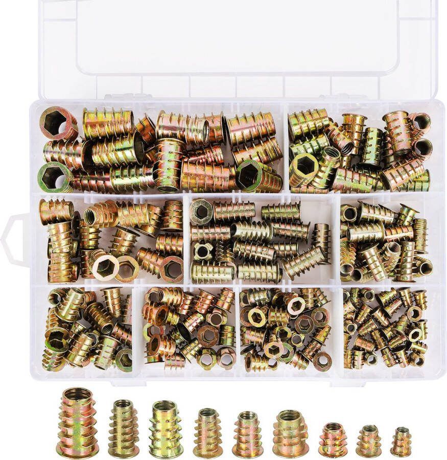 BELLE VOUS Bedraadde Moeren Assortiment Kit (200 Pak) M4 M5 M6 M8 & M10 Hex Socket Schroeven Zink Materiaal Draadbouten Bevestiger Connector Hout Inleg voor Meubels en Balken