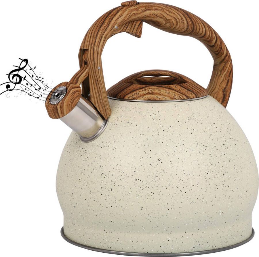 BELLE VOUS Beige Texture Whistling Tea Kettle 3L Tea Pot for Stovetop Induction Hob Stainless Steel Hot Water Camping Kettle Teapot for Tea Coffee