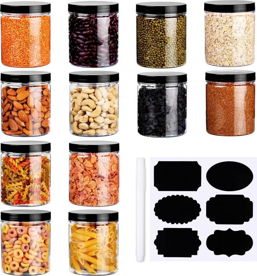 BELLE VOUS 12 Pak Doorzichtig Plastic Opslag Potten met Deksel Labels & Pen 500 ml Herbruikbare Luchtdichte Containers Navulbare Potten voor Keuken Droog Voedsel Opslag Specerijen en Pinda s