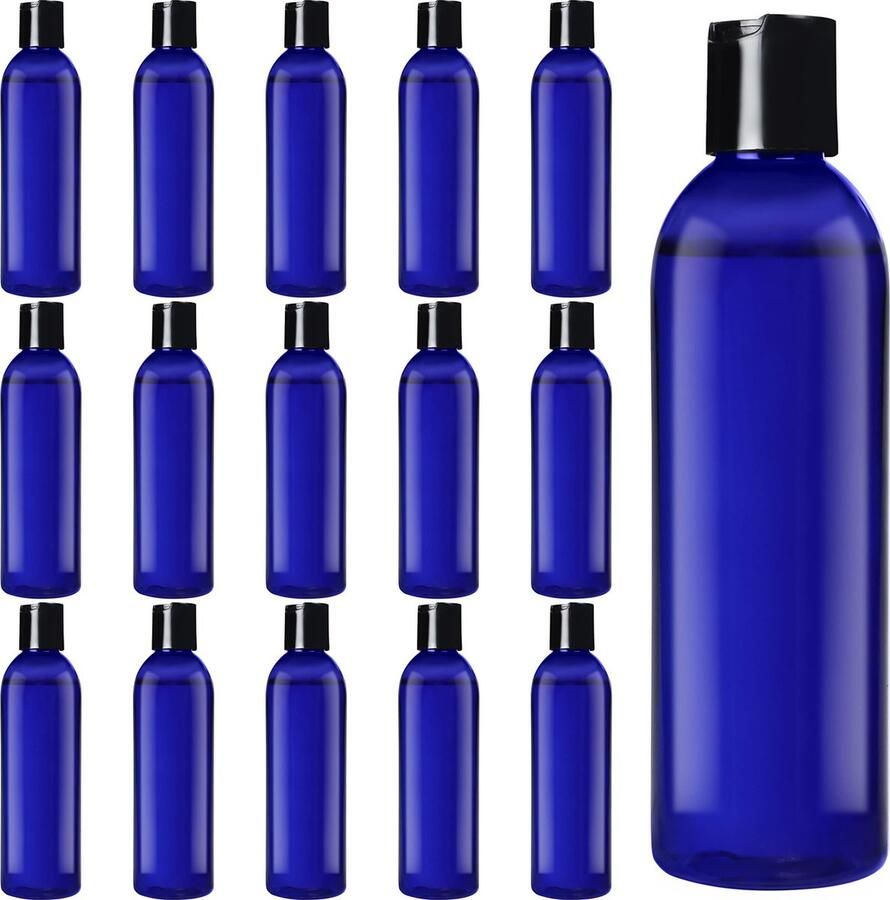 BELLE VOUS 16 Pak Blauw Plastic Knijpflessen – 240 ml Disc Sportfles Doppen Containers – Lege Navulbare Reis Flessen voor Cosmetica Lotion Shampoo Vloeibare Zeep Crèmes en Meer