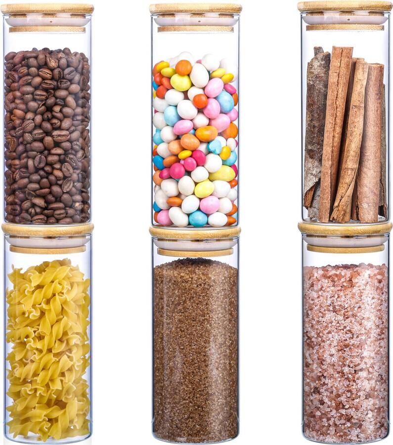 BELLE VOUS 6 Pak Doorzichtig Glazen Opslag Potten met Bamboe Deksels & Labels 450 ml Luchtdichte Keuken Kelder Containers Voedsel Opslag Potten voor Specerijen Koffie Thee Suiker Snoep en Meer