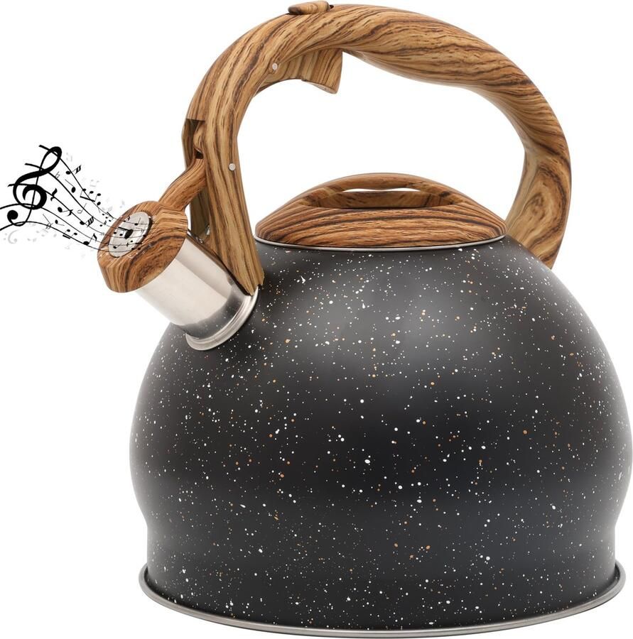 BELLE VOUS Black Texture Whistling Tea Kettle 3L Tea Pot for Stovetop Induction Hob Stainless Steel Hot Water Camping Kettle Teapot for Tea Coffee