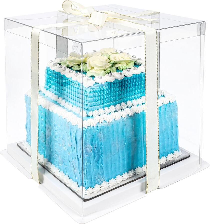 BELLE VOUS doorzichtige hoge taartdoos Met taartonderlegger en lint 26 x 26 x 28 cm Cake bewaardoos Voor feesten en partijen Gouden lint