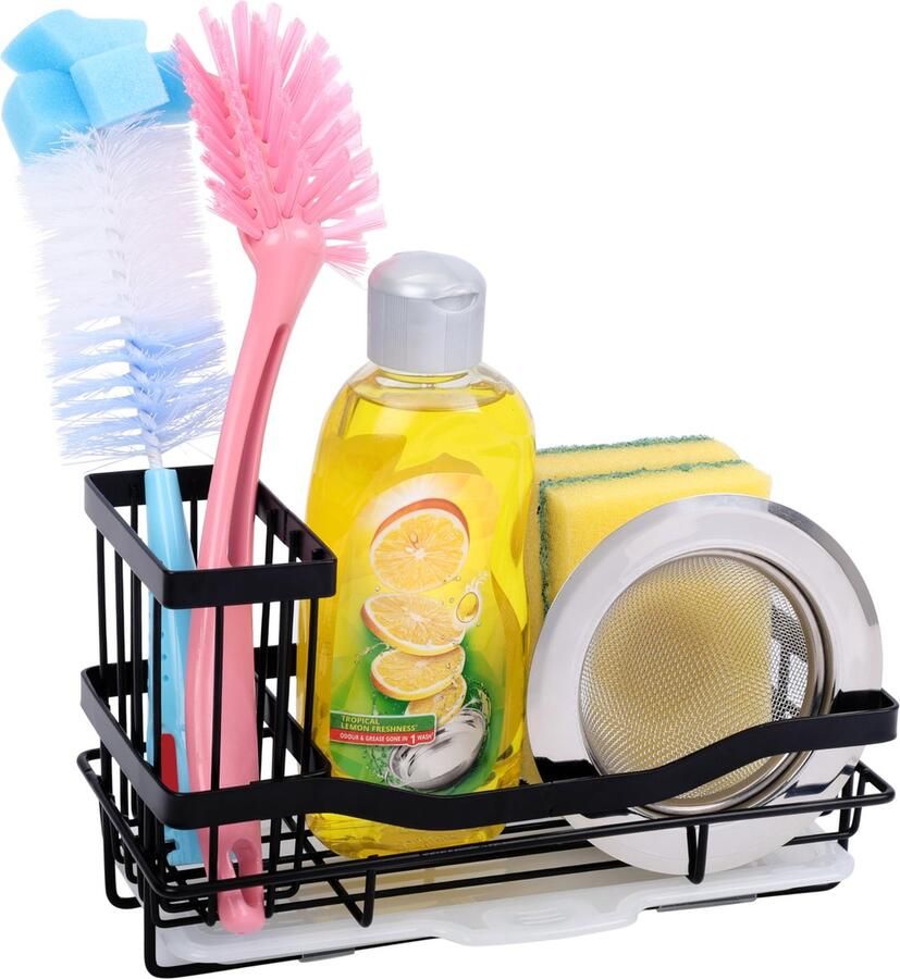BELLE VOUS Zwart Ijzeren Keuken Gootsteen Organizer Caddy Roestbestendige Doeken Hanger en Spons Houder Drup Tray Sneldrogende Afwas Accessoire Rek voor Keuken Badkamer Werkblad