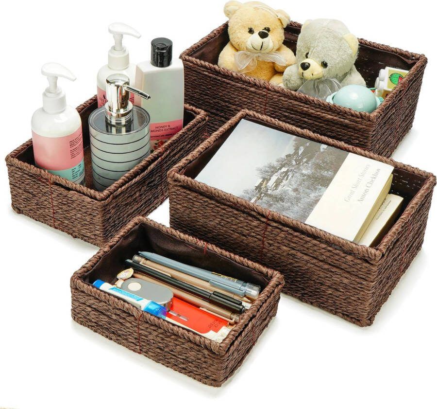 BELLE VOUS Bruine Gevlochten Opslag Manden Gevlochten Opslag Manden voor Badkamer Woonkamer Kasten Planken Decoratieve Natuurlijk Rattan Nest Organizer Bak Set 4 Maten