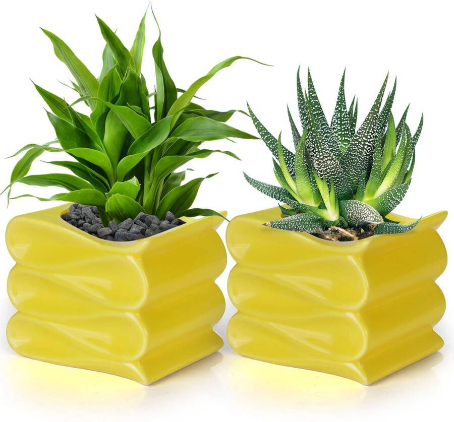 BELLE VOUS Geel Keramische Planten Pot (2 Pak) – 10 cm Kleine Plantenpot – Modern Gewouwen Ontwerp Vetplant Containers met Drainage Gaten – Binnen Buitengebruik voor Planten Cactus en Kruiden