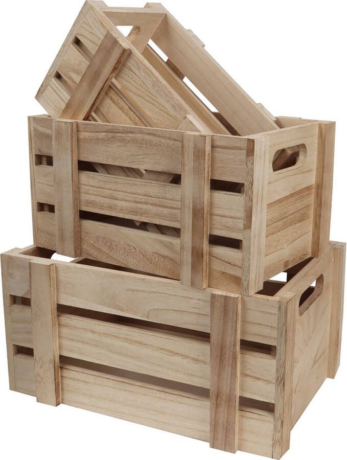 BELLE VOUS Houten Opslag Kratten met Handvatten (Set van 3) – Rustiek Small Medium & Large Maten Decoratieve Houten Krat – Natuurlijk Onbewerkt Huis Mand Display Doos