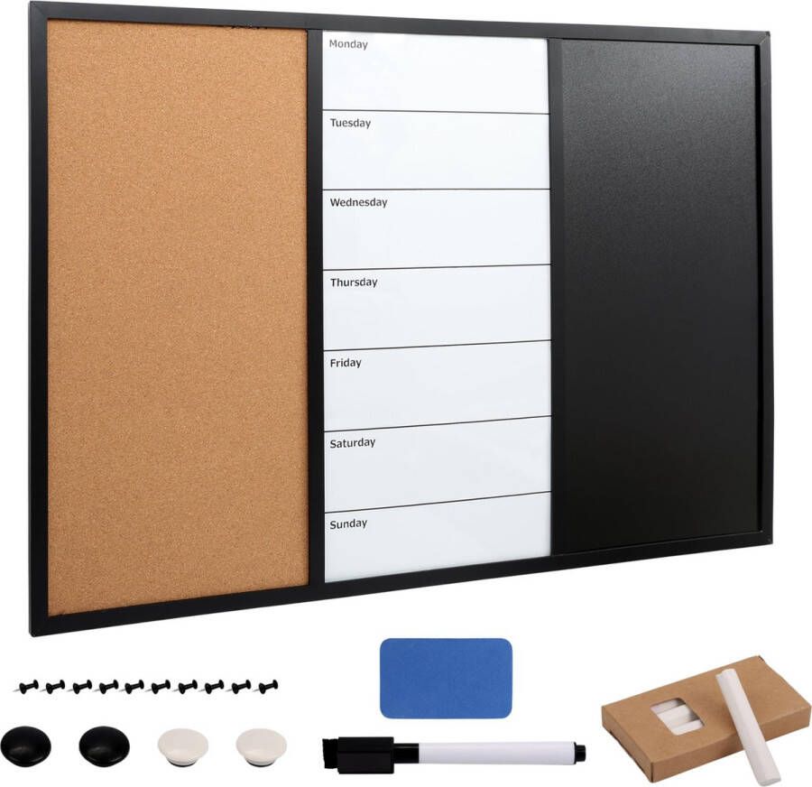 BELLE VOUS Kurtzy 3-In-1 Combination Cork Board Whiteboard & Chalkboard 90 x 60cm 35.5 x 23.5 Inches Magnetic Memo Bulletin Dry Erase Noticeboard with Pins